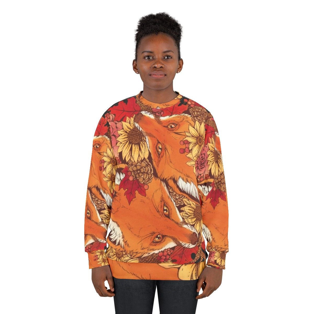 Autumn Fox Bloom Sweatshirt with foxes, sunflowers, and fall leaves - women