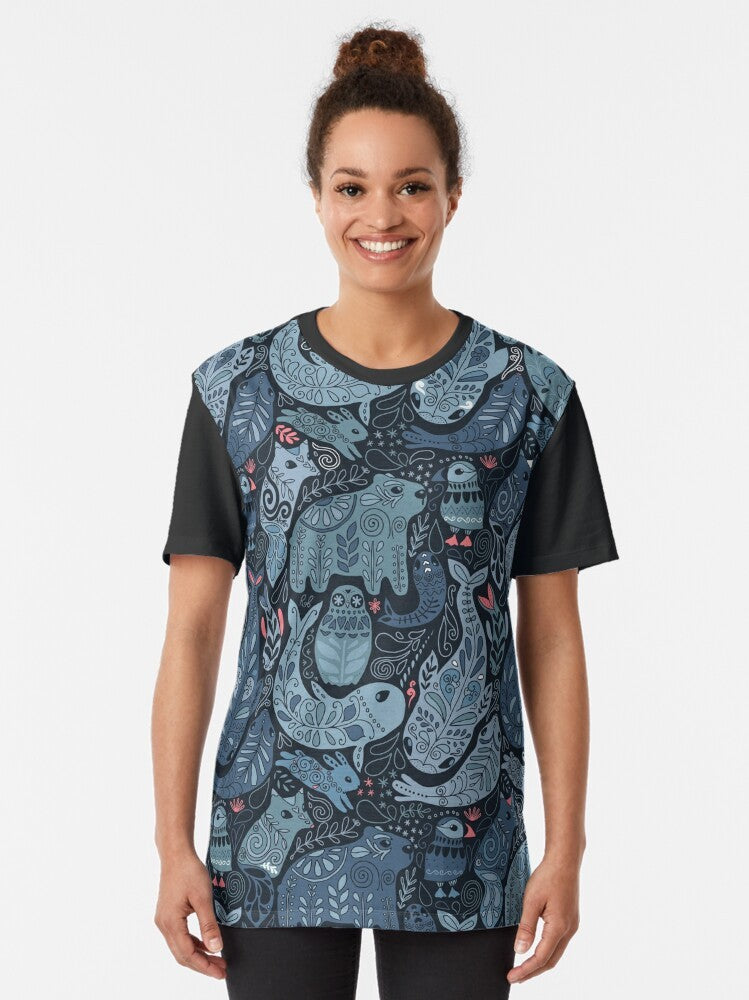 Colorful graphic t-shirt design featuring cute arctic animals like narwhal, polar bear, and whale. - Women