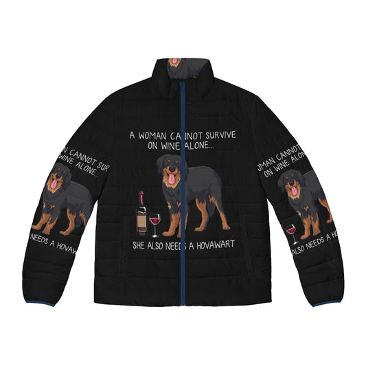 Hovawart dog wearing a puffer jacket with a funny dog and wine design