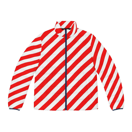 Red and white diagonal stripes puffer jacket