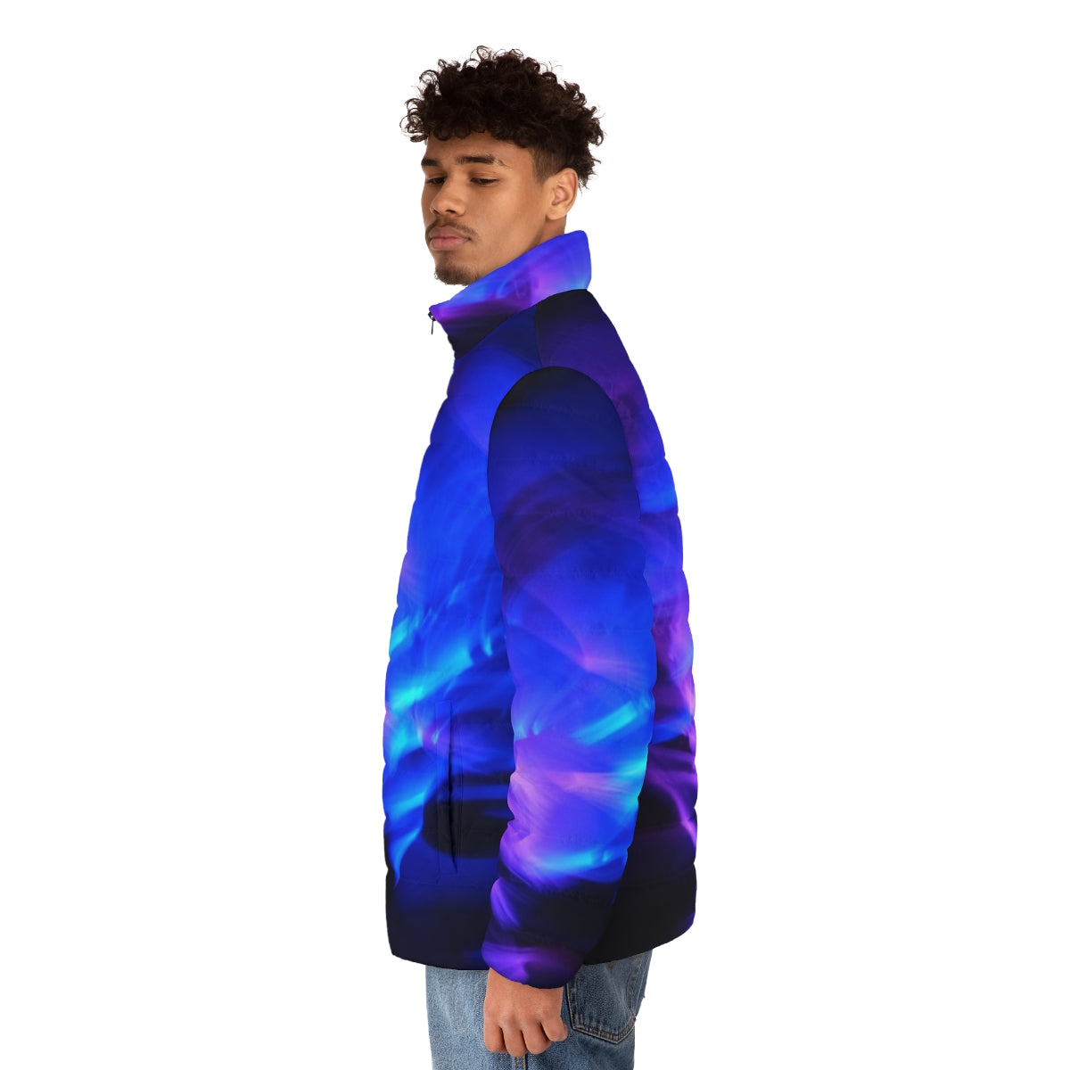 Glowstick Party Puffer Jacket with Vibrant Blue and Black Swirling Lights - men side left