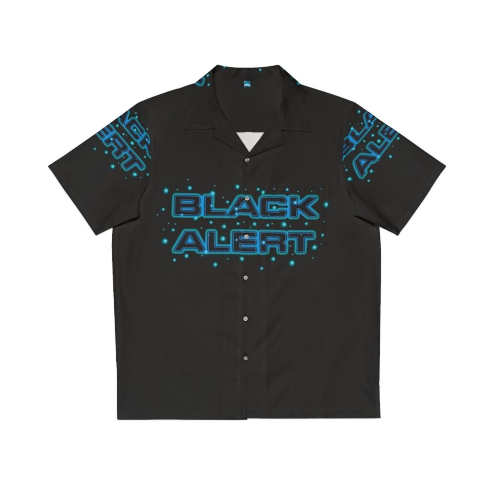 A black Hawaiian shirt featuring the Star Trek logo and characters