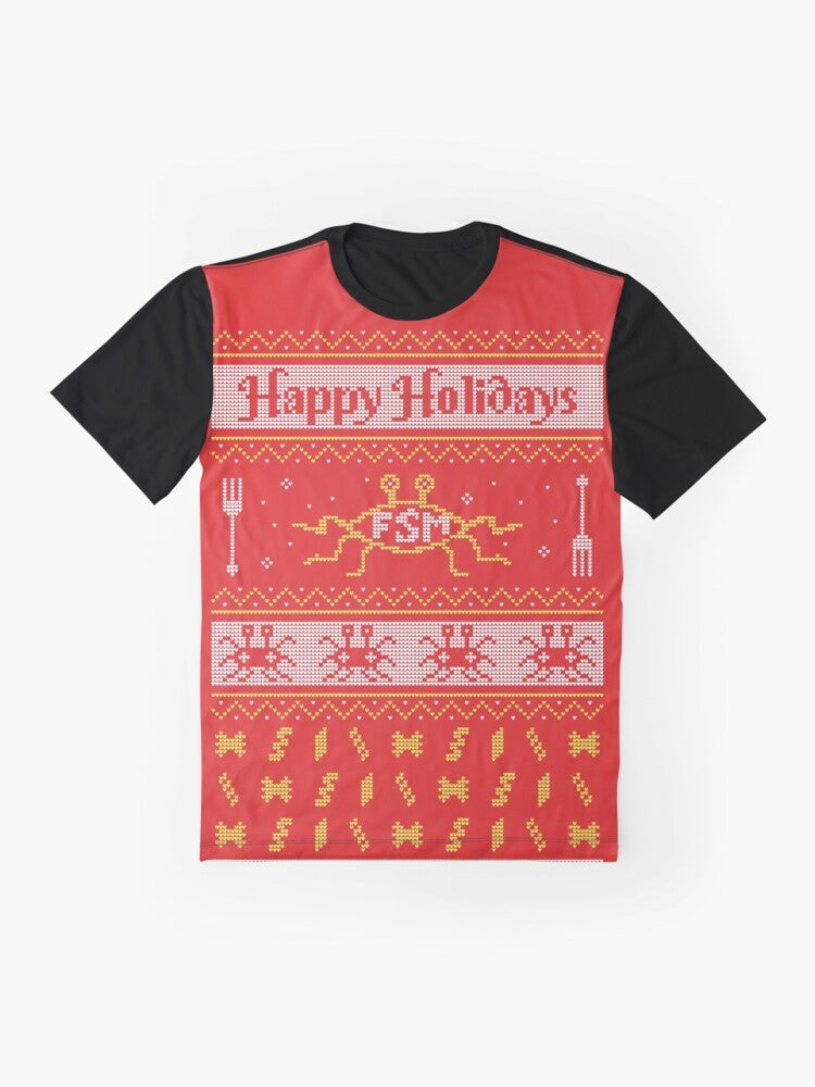 Pastafarian Christmas Sweater with Flying Spaghetti Monster Graphic - Flat lay