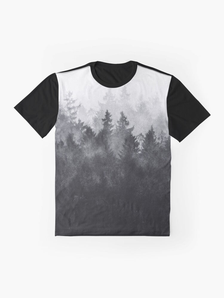 Vintage landscape graphic t-shirt featuring a nature scene with trees, fog, and mountains - Flat lay