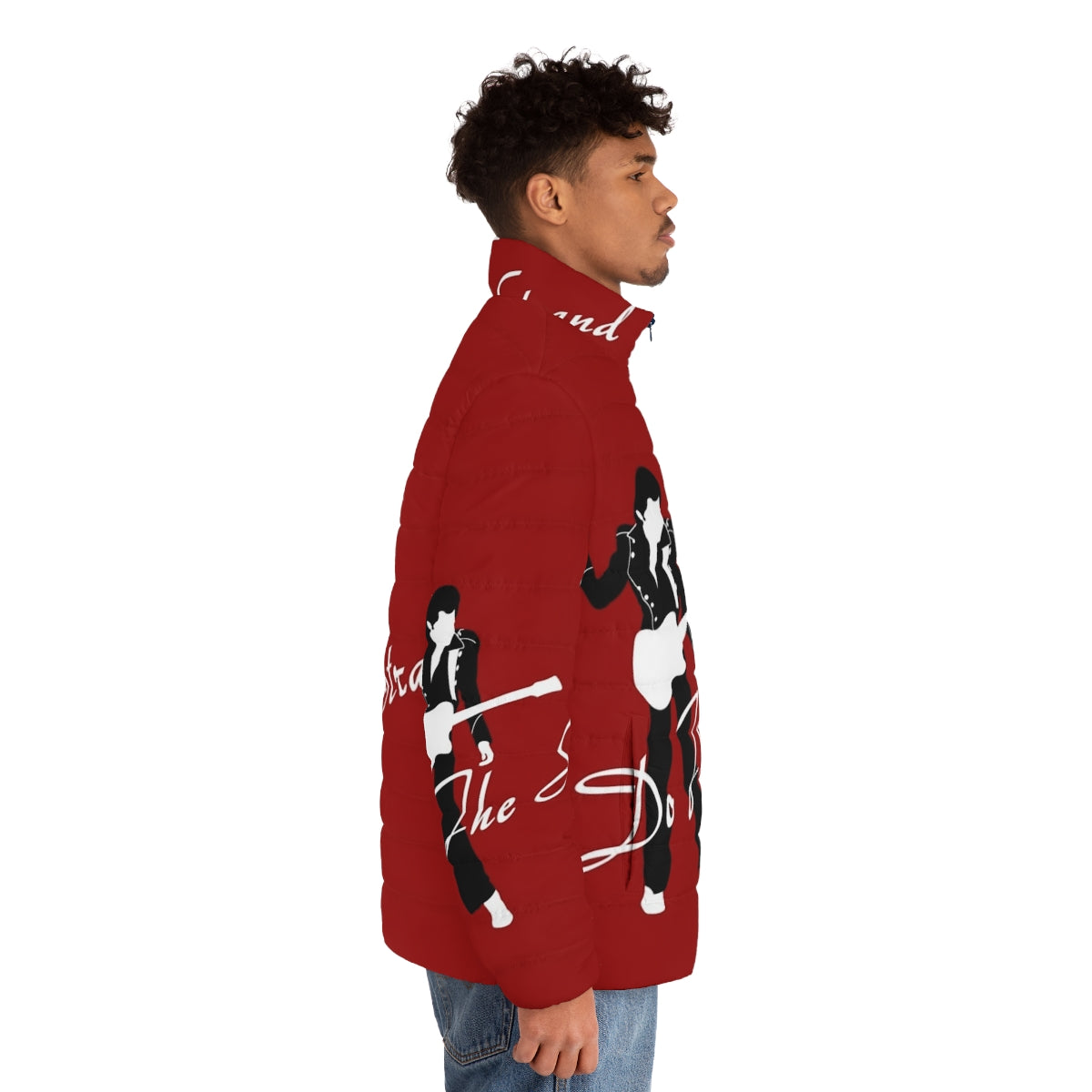 Roxy Ferry Glam Pop Music Puffer Jacket, featuring a stylish and warm design inspired by 70s rock and pop culture. - men side right