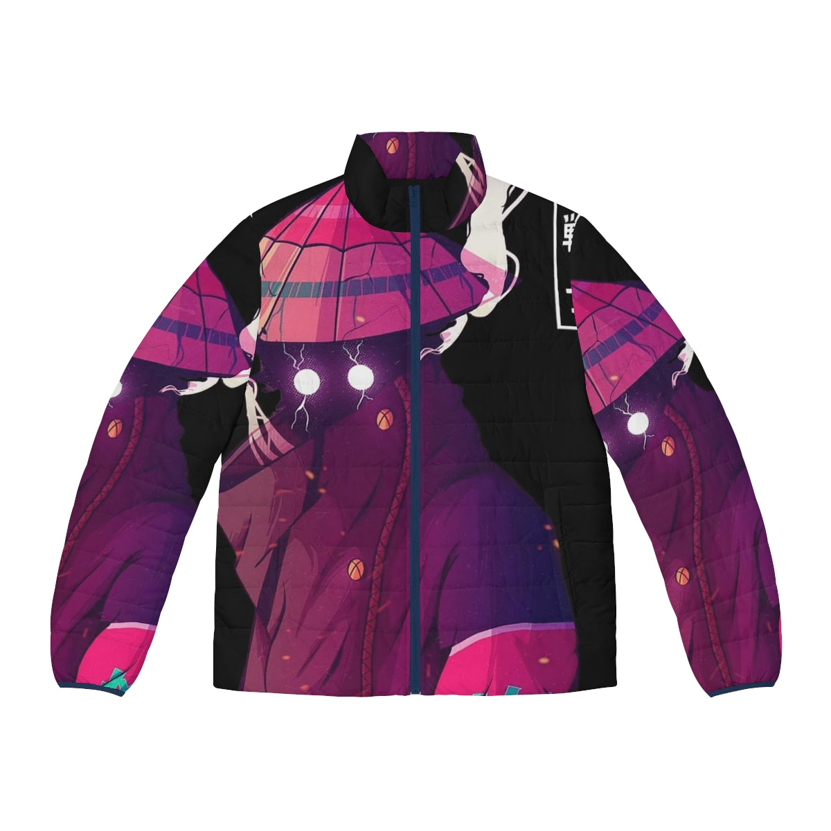 Cyberpunk inspired puffer jacket with Japanese samurai design elements