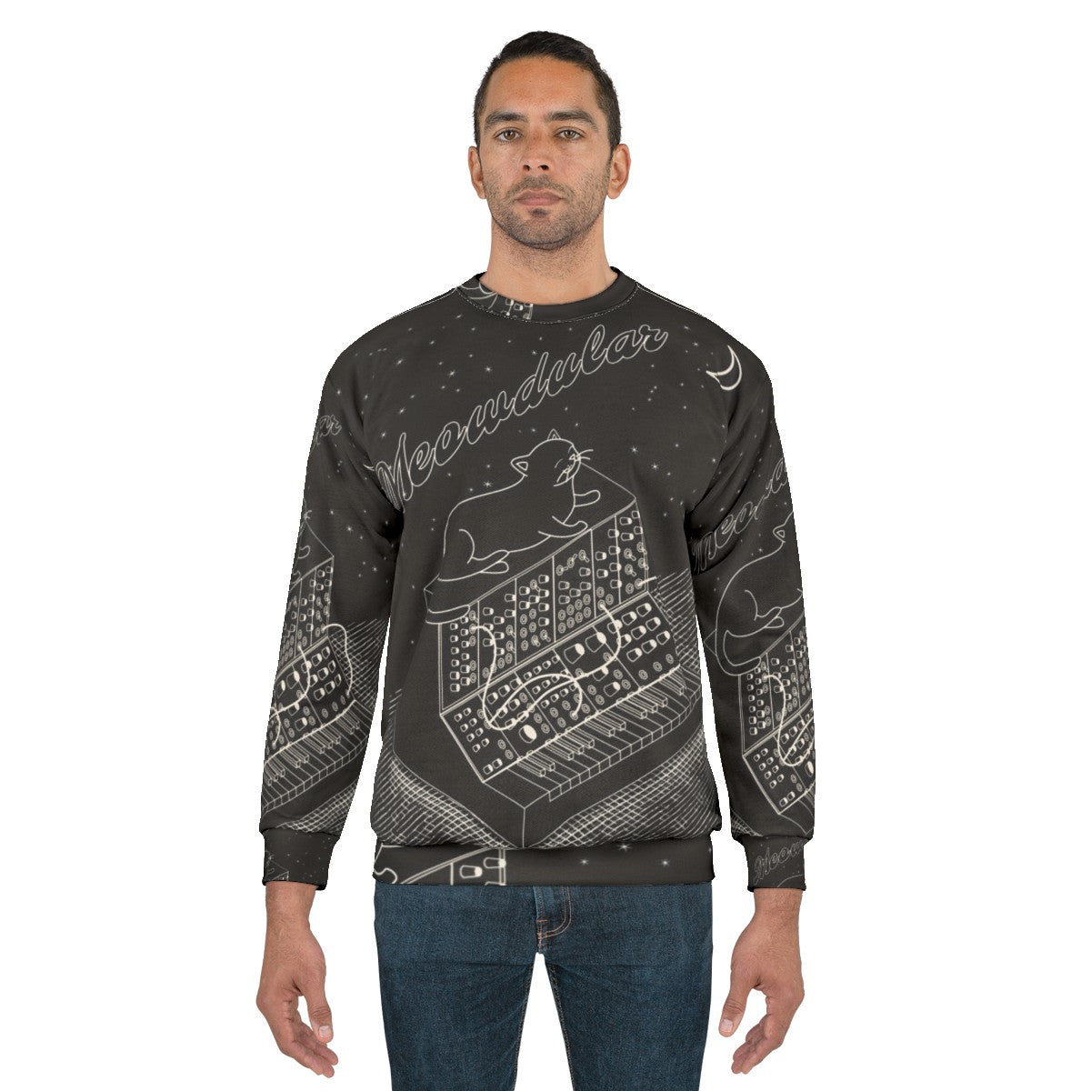 Analog modular synth sweatshirt with a synthesizer cat design - men