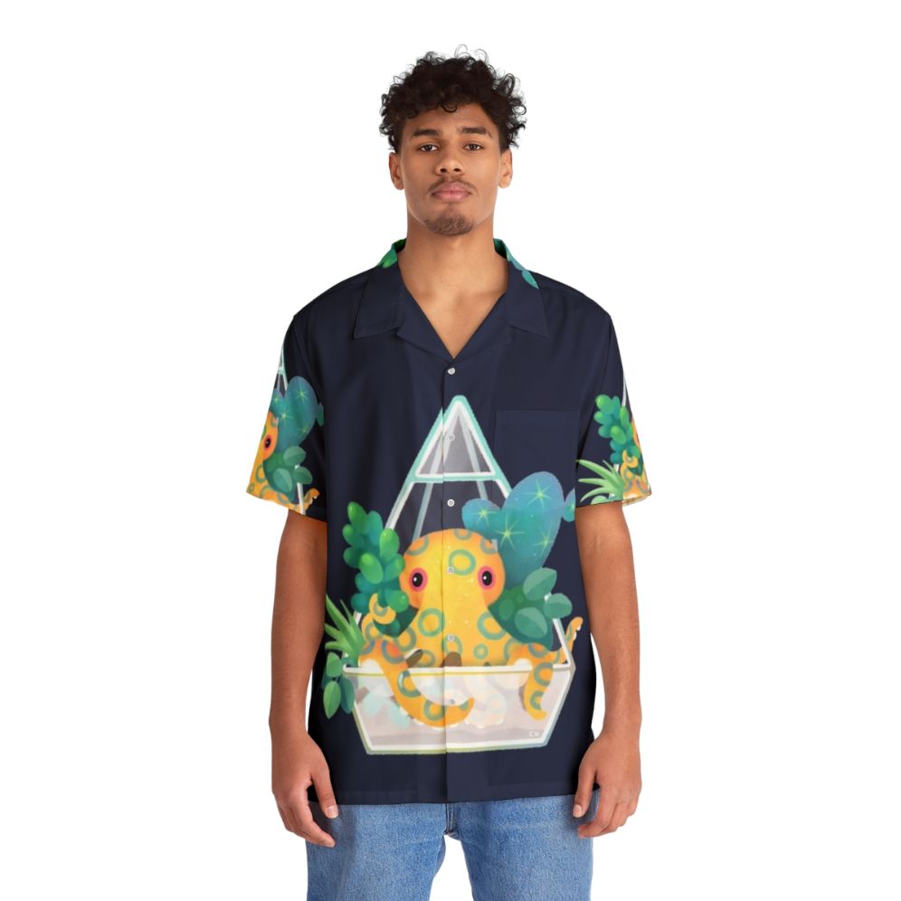 Blue ringed octopus in an ocean terrarium design on a Hawaiian shirt - People Front