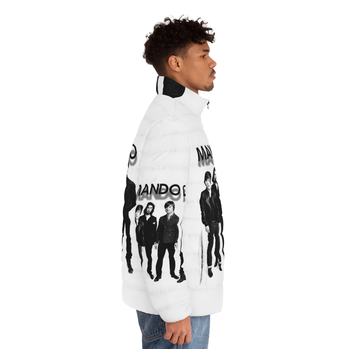 Mando Diao punk rock puffer jacket with band logo and comic book graphics - men side right