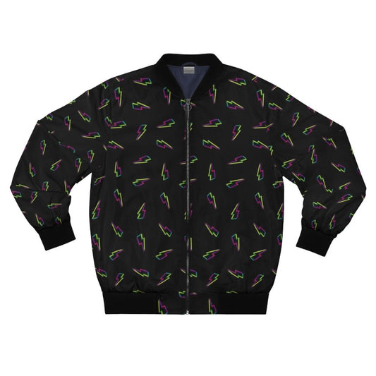 CMYK lightning bolt design on a black bomber jacket