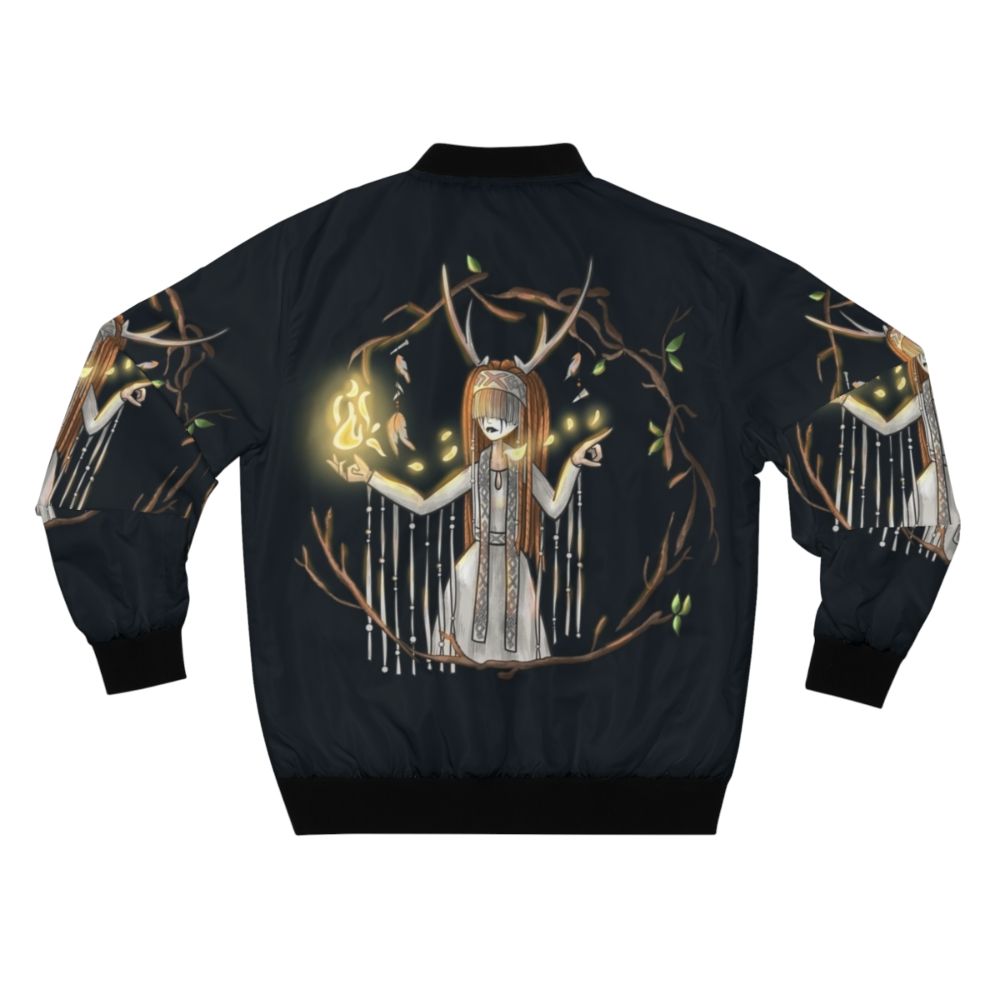 Heilung fanart bomber jacket featuring fantasy elements like fire, nature, and horns - Back