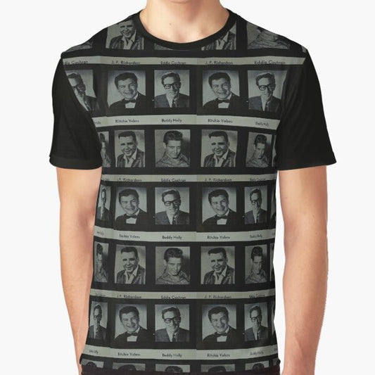 Graphic t-shirt featuring rock n roll legends Buddy Holly, Ritchie Valens, Eddie Cochran, and The Big Bopper.