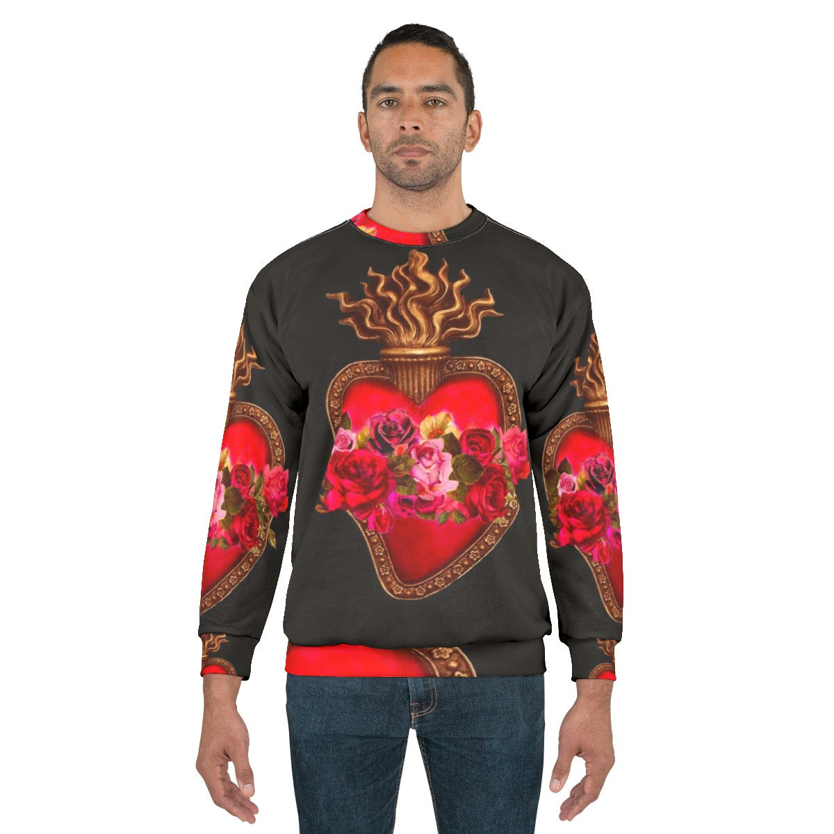 Vibrant sacred heart and immaculate heart red flaming heart design on a red sweatshirt - men