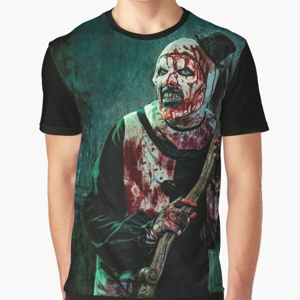 Terrifier 2 horror movie graphic t-shirt featuring Art the Clown, a terrifying clown character from the Terrifier film series.