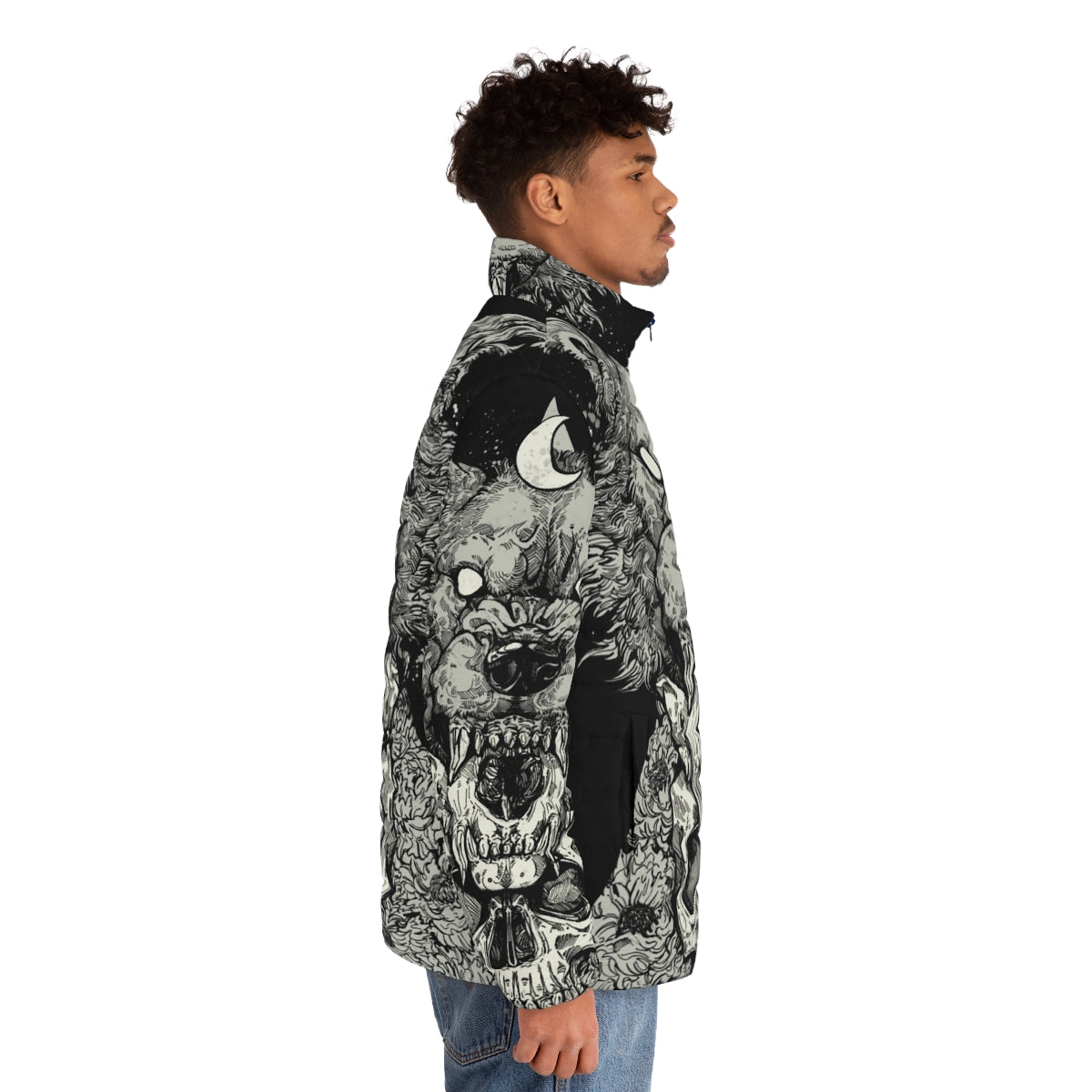 A sleek, black puffer jacket with a gothic, edgy design featuring a wolf and skull motif - men side right