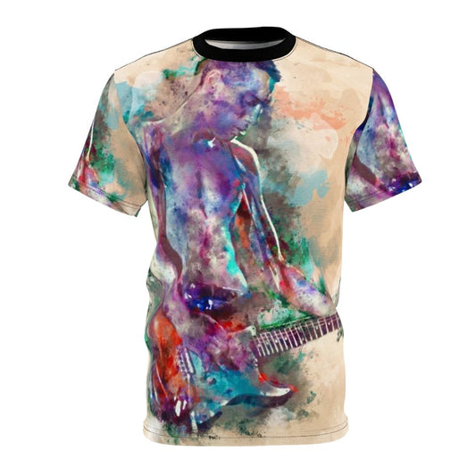 A realistic watercolor graphic of a young male guitar player on a t-shirt