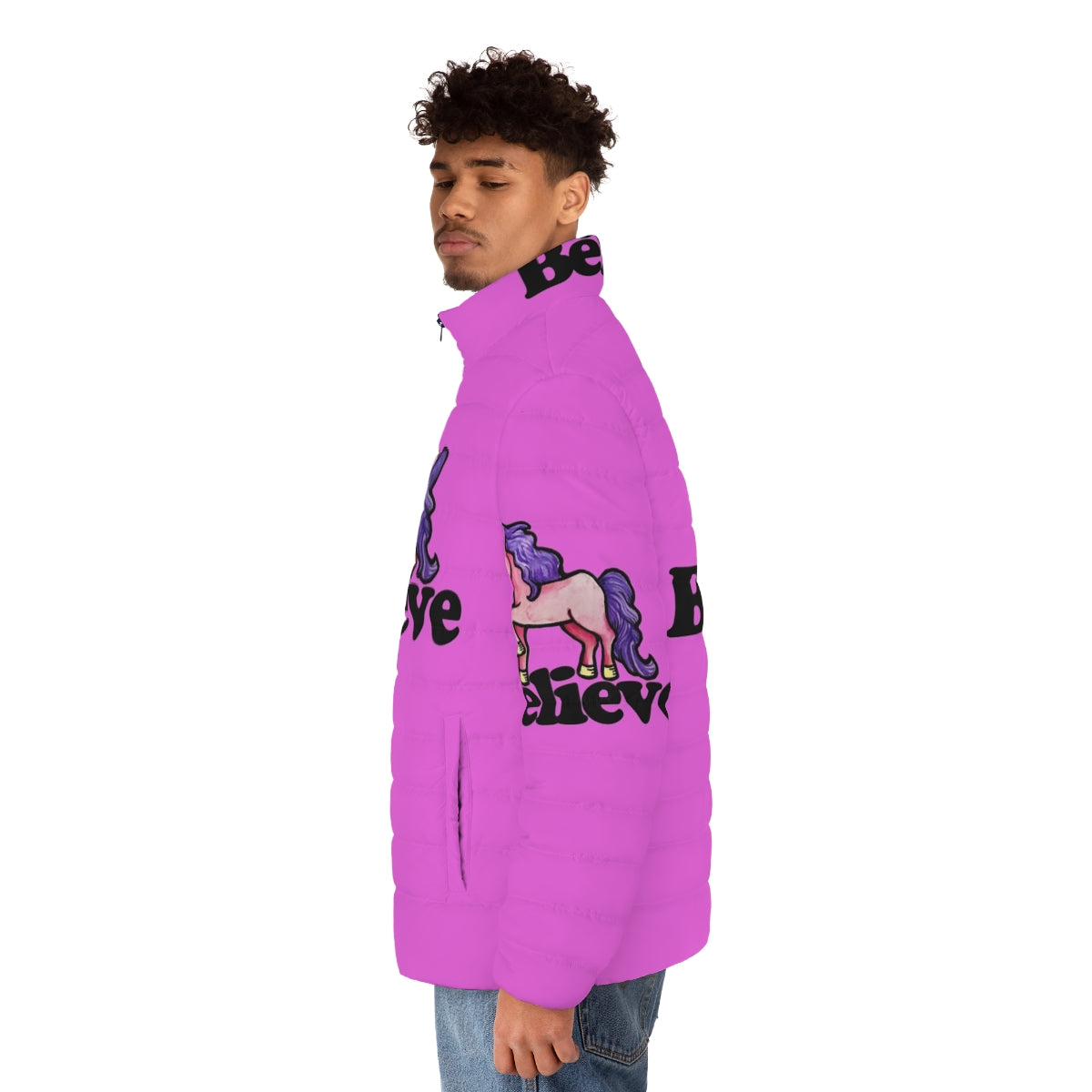 Believe In Unicorns Puffer Jacket with a cute unicorn design - men side left