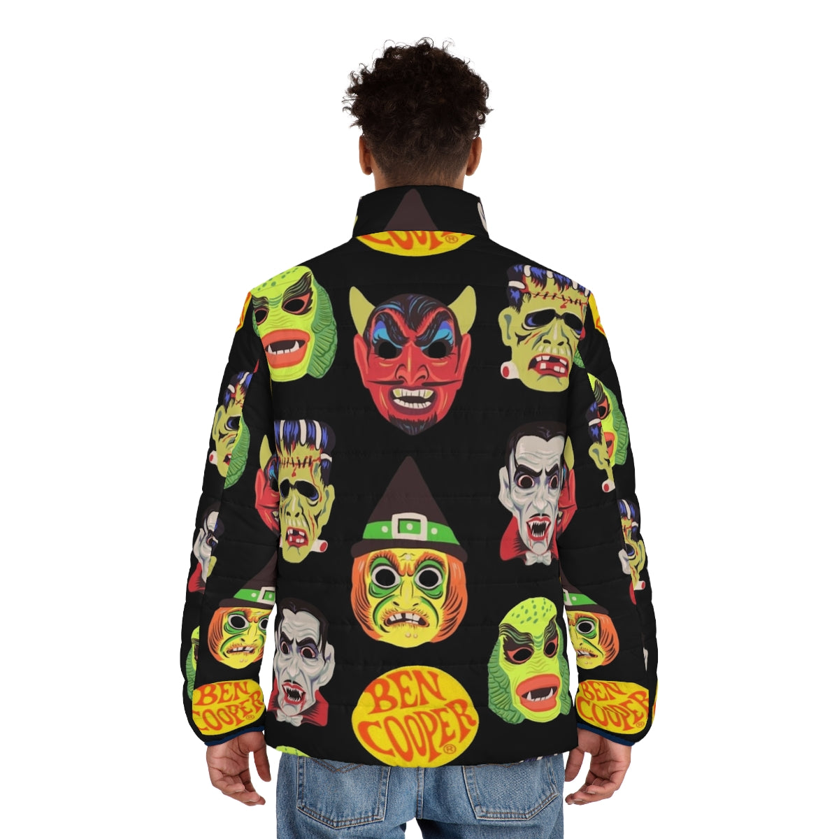 Vintage Halloween Masks Puffer Jacket featuring classic Universal Monsters - men back