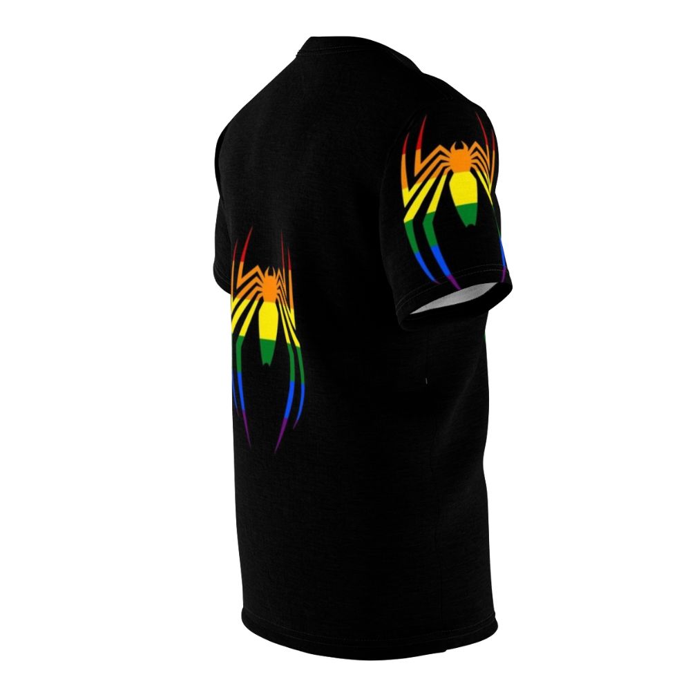 Colorful spider symbol design on a t-shirt with a rainbow gradient background - men right