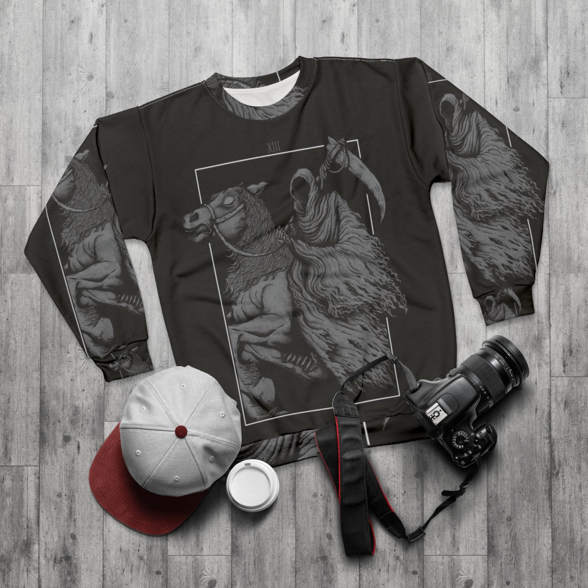 Gothic death reaper skull sweatshirt - flat lay