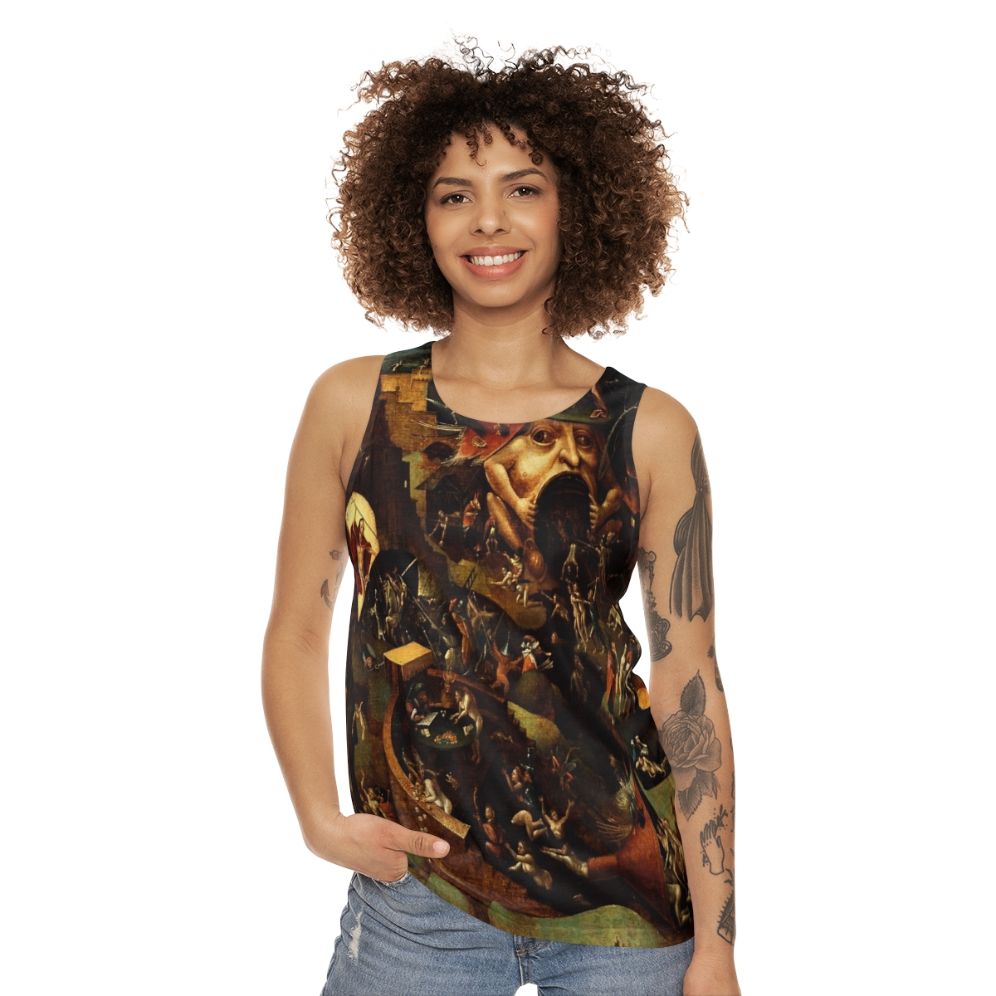 Unisex tank top featuring Hieronymus Bosch's "Christ in Limbo" painting - women