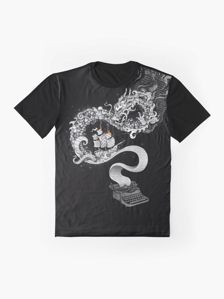 A surreal graphic t-shirt featuring a collage of a dragon, ship, fire, and other fantastical elements, representing the power of unleashed imagination. - Flat lay