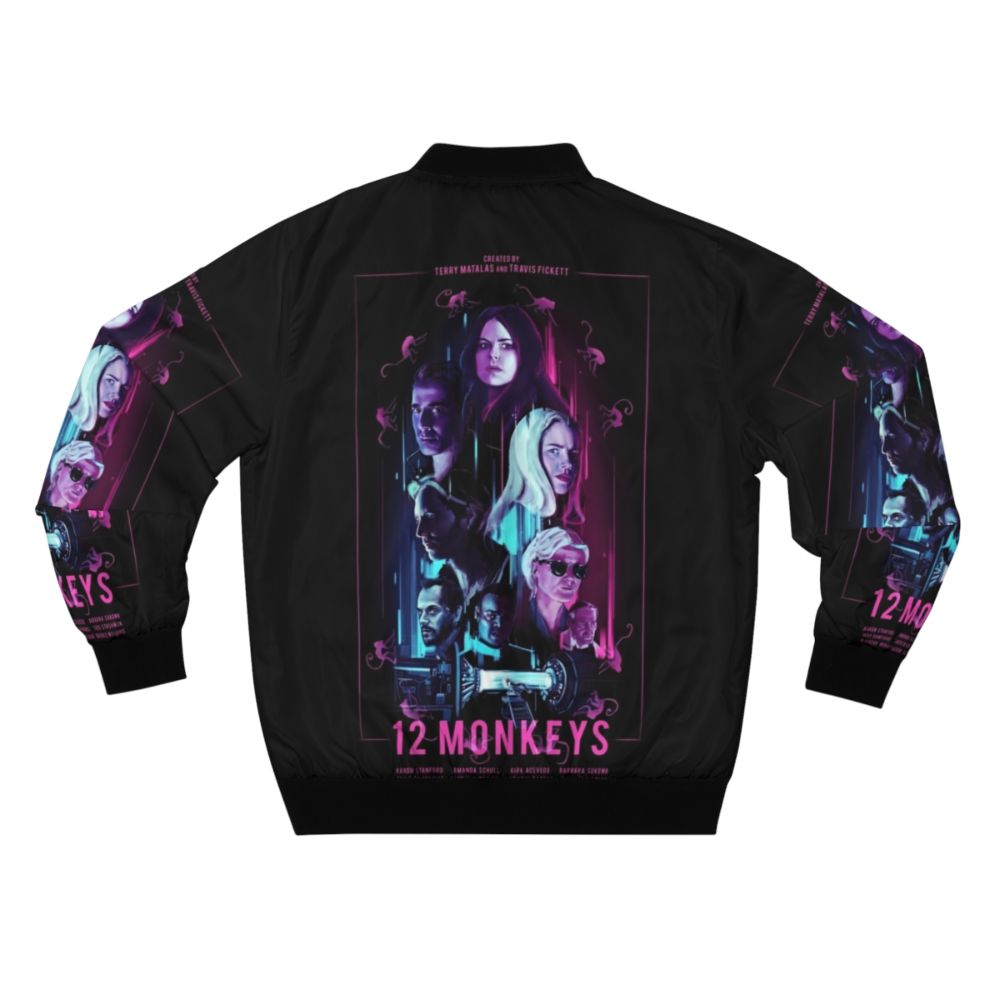 12 Monkeys movie-inspired bomber jacket featuring a bold design and distressed look - Back