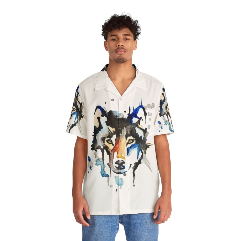 Watercolor Wolf Hawaiian Shirt - People Front