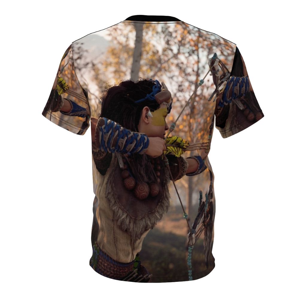 A high-quality t-shirt featuring a digital illustration of the character Aloy from the popular video game Horizon Zero Dawn, wielding a bow and arrow. - Back