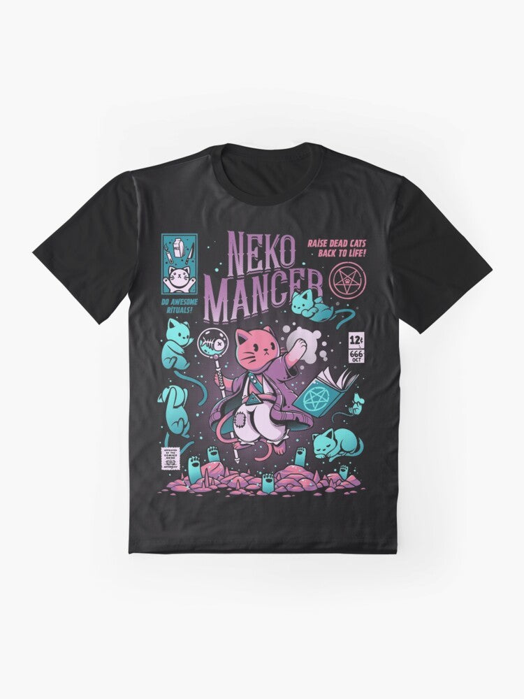 Illustration of a cute, purple cat wearing a necromancer's hat and performing magical spells - Flat lay