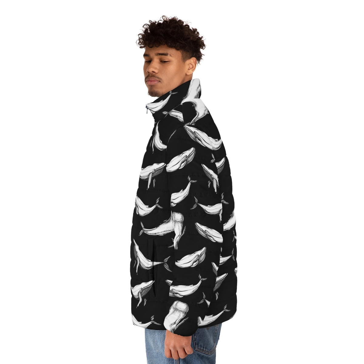 Black patterned puffer jacket with whales and whale graphics - men side left