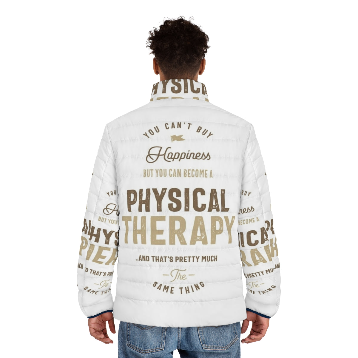 Physical therapist wearing a cozy puffer jacket for work - men back