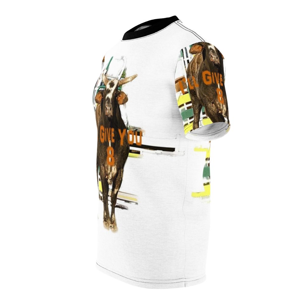 Stylized graphic art designs featuring rodeo bull riders and quotes for an extreme sports t-shirt. - men left