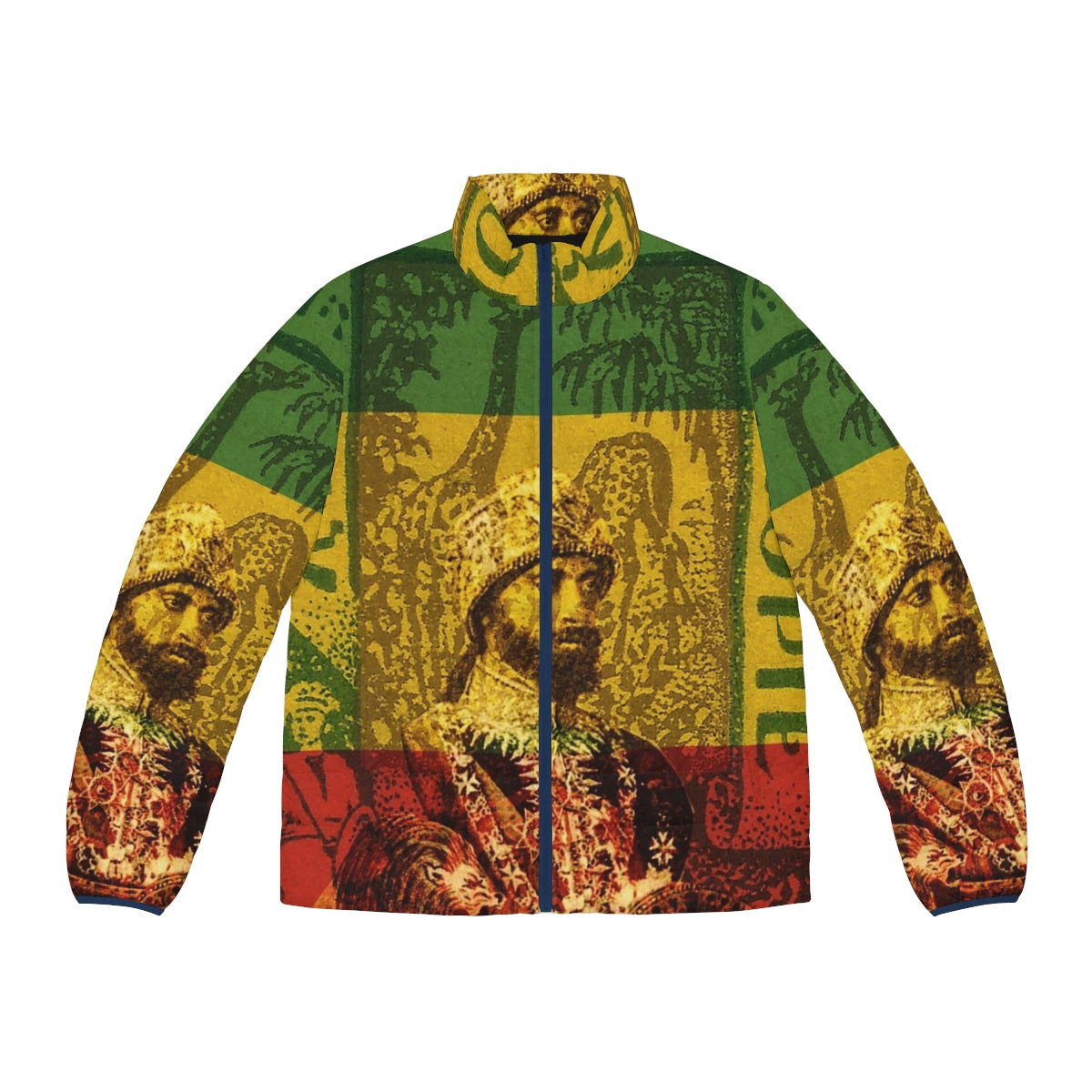 Haile Selassie Rasta Puffer Jacket featuring the Lion of Judah symbol