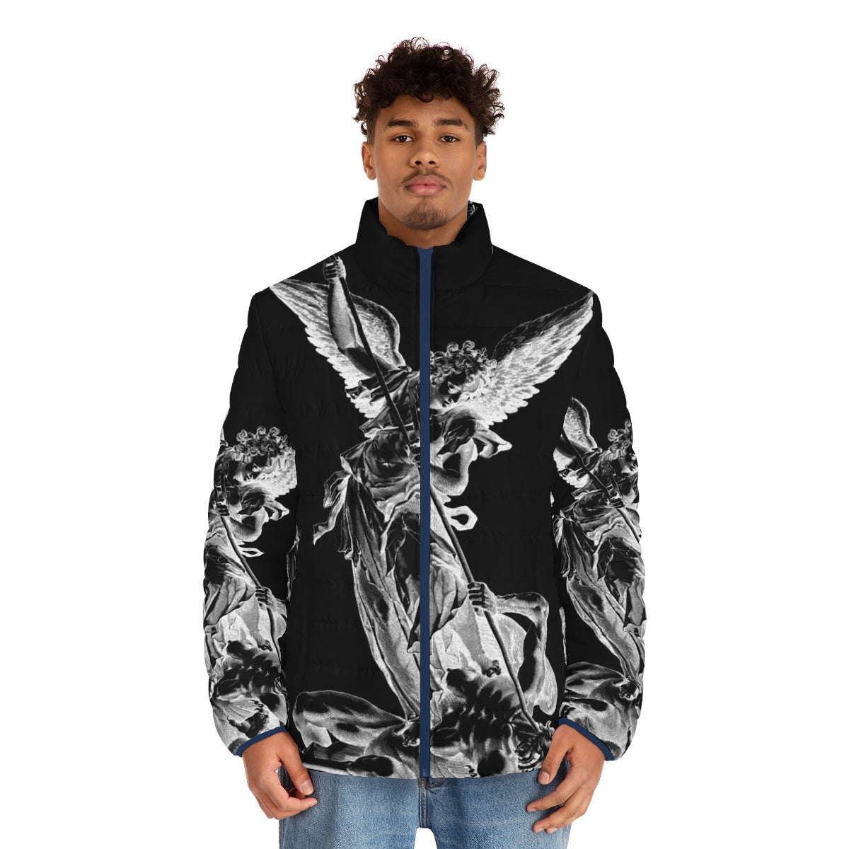 Archangel Michael puffer jacket featuring imagery of the celestial warrior conquering the devil - men front