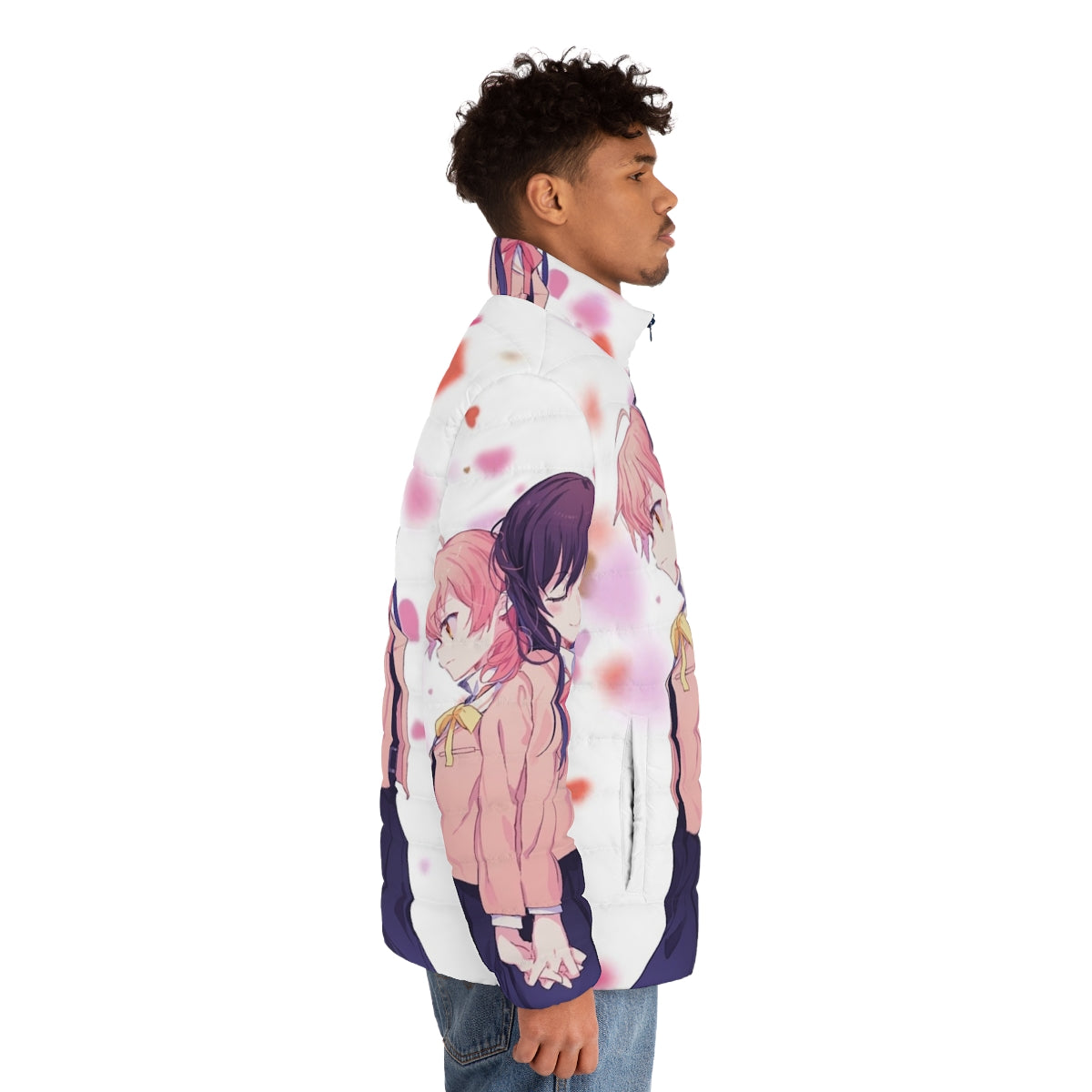 Bloom Into You Yagate Kimi Ni Naru anime puffer jacket with characters Yuu Koito and Touko Nanami - men side right