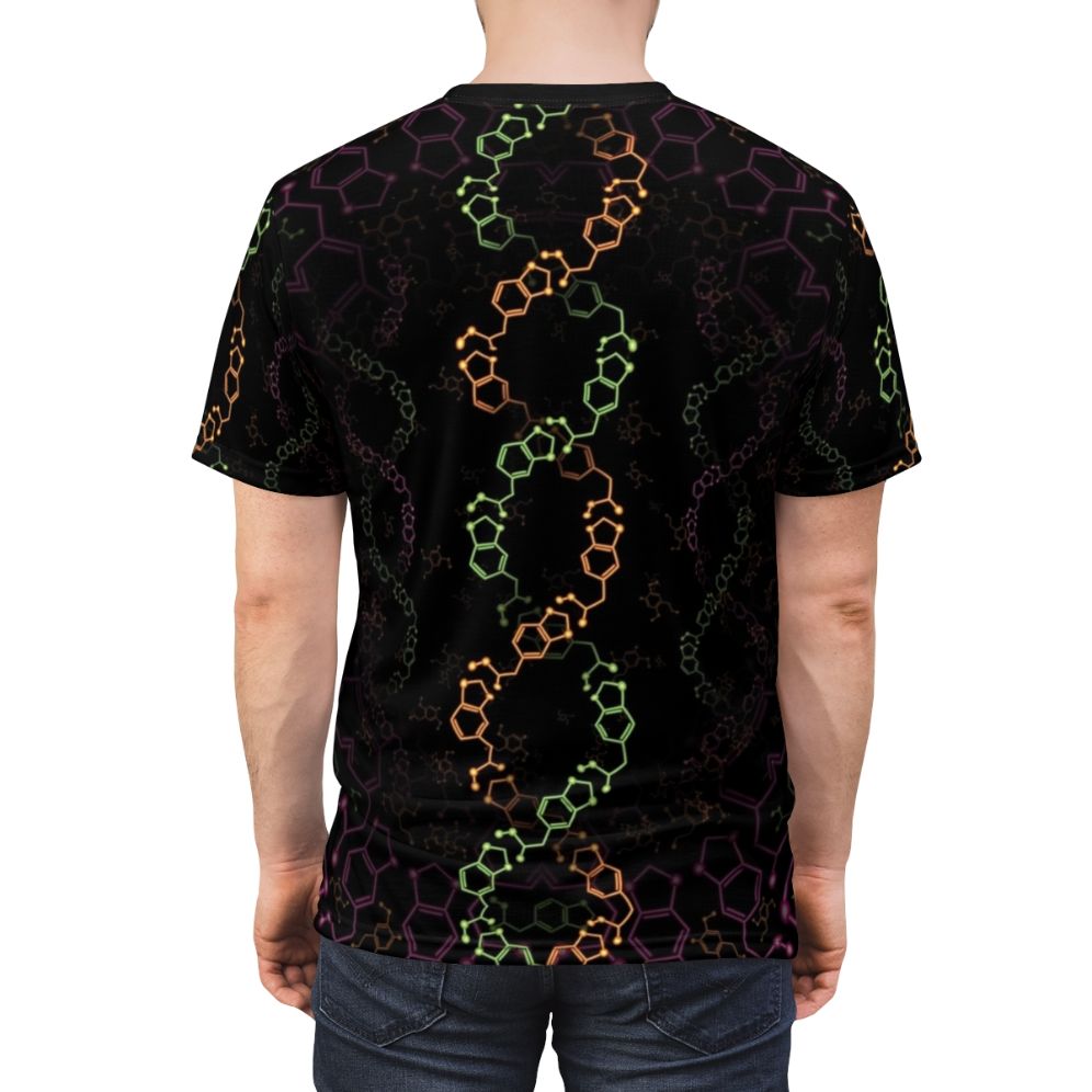 T-shirt featuring a psychedelic design of MDMA and 2C-B molecules, with a visionary, trippy aesthetic. - men back