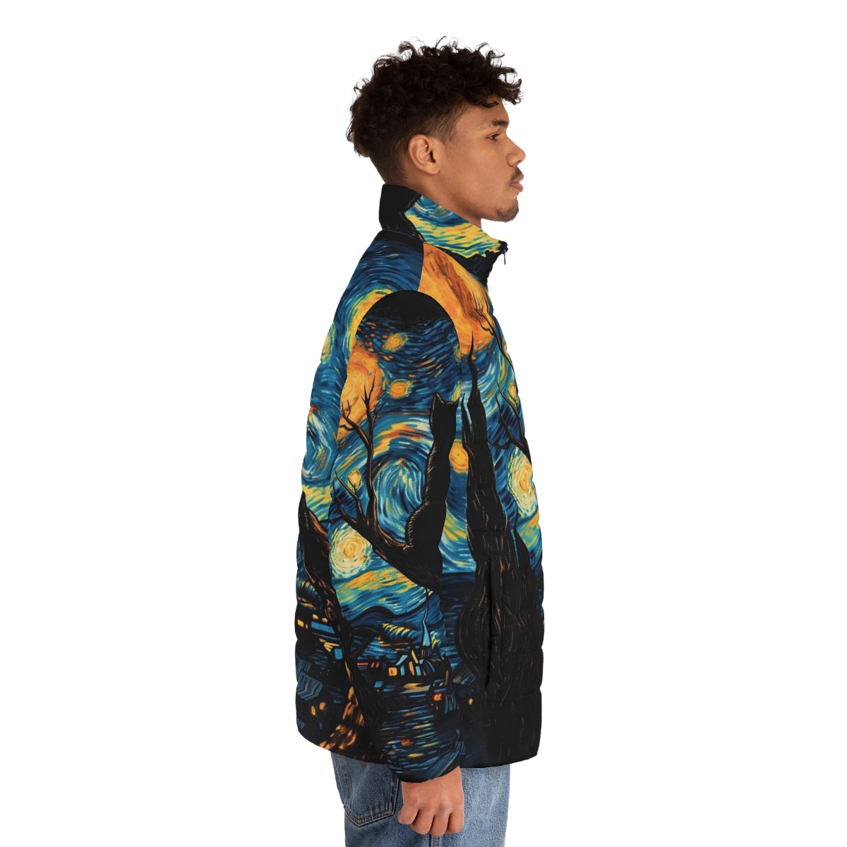 Vincent Van Gogh Starry Night inspired black cat puffer jacket - men side right