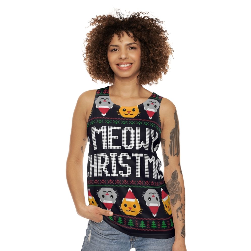 Ugly Christmas sweater cat unisex tank top - women