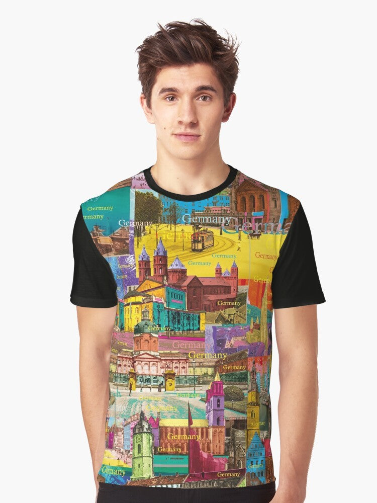 Graphic t-shirt with a collage of colorful German landmarks and architecture - Men