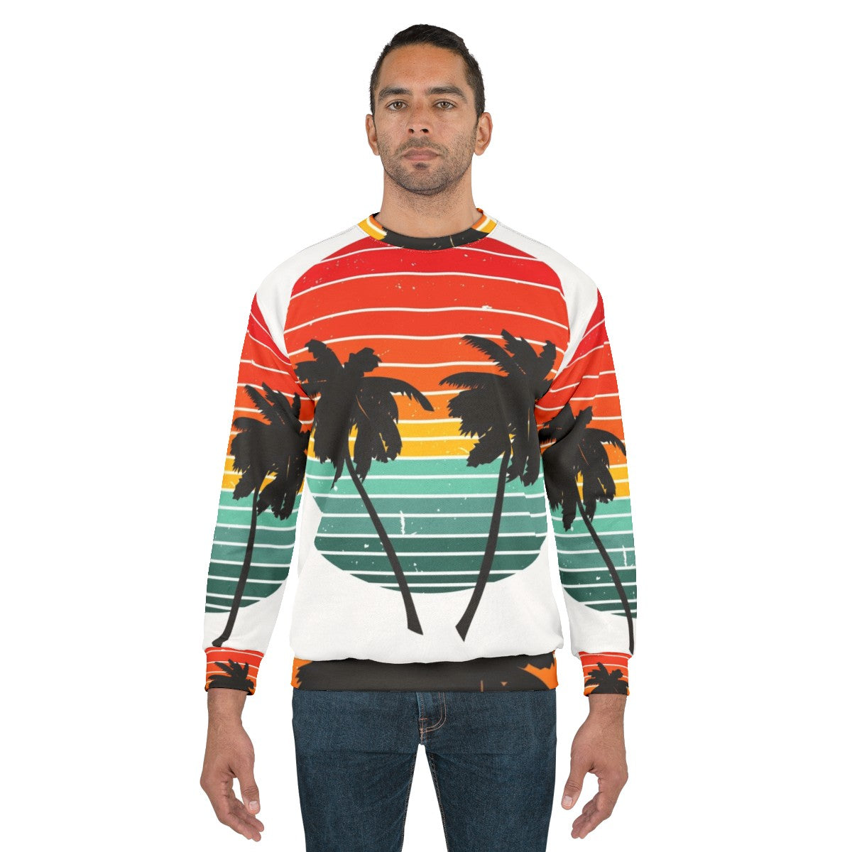 Black summer sweatshirt with vivid tropical palm tree design - men