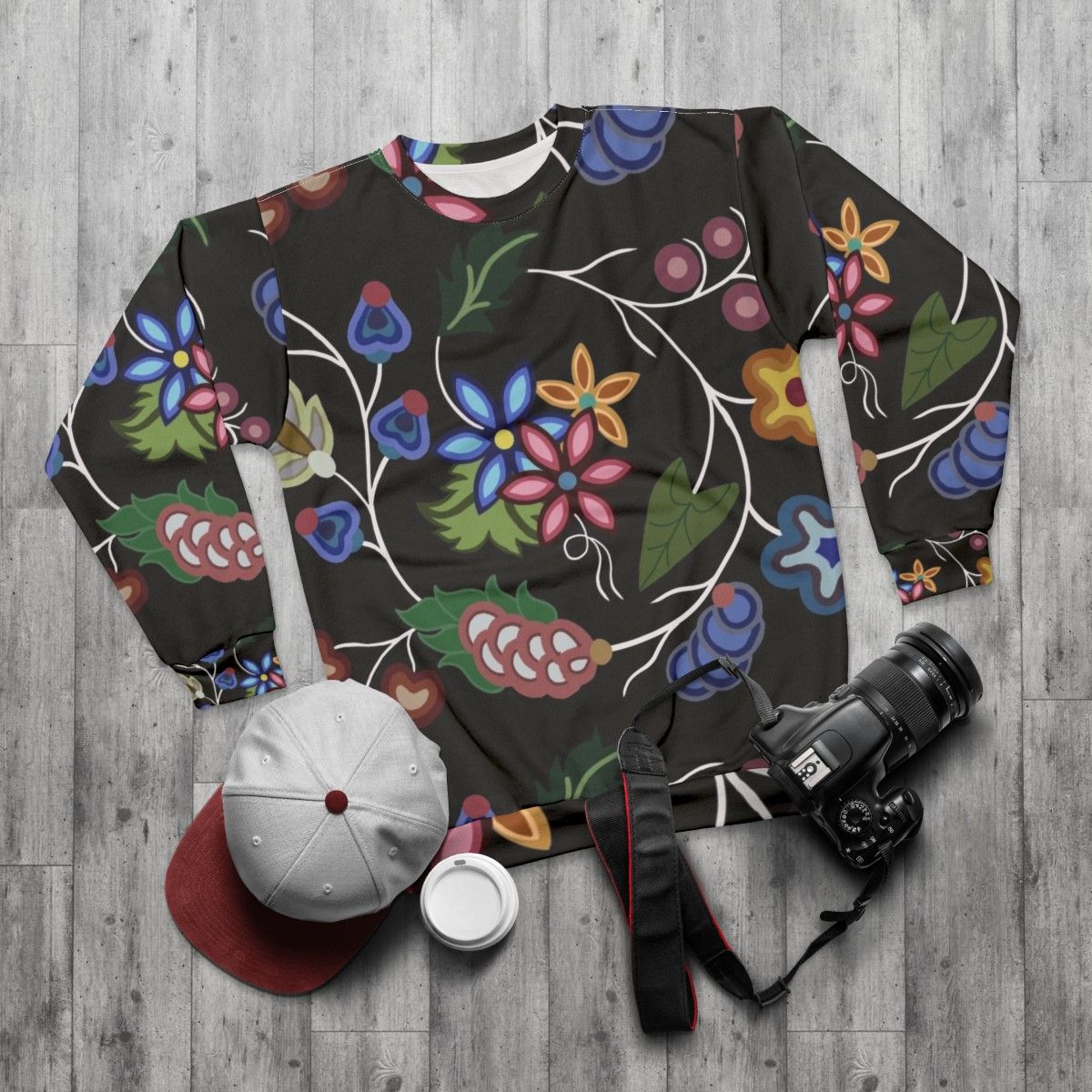 Anishnawbe indigenous sweatshirt with traditional tribal design - flat lay