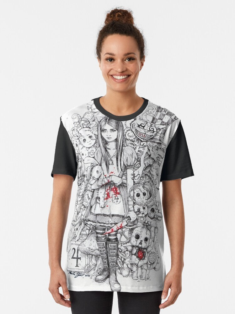 "Wonderland Shattered" graphic tshirt featuring a dark and surreal take on the Alice in Wonderland theme - Women