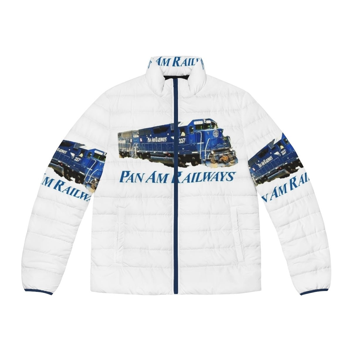 Pan Am Railway Train Driver Puffer Jacket with Pan Am logo and railways imagery