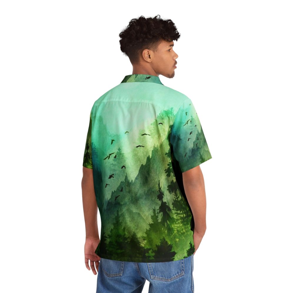 Watercolor Mountain Hawaiian Shirt with Pine Forest and Nature Scenery - People Back