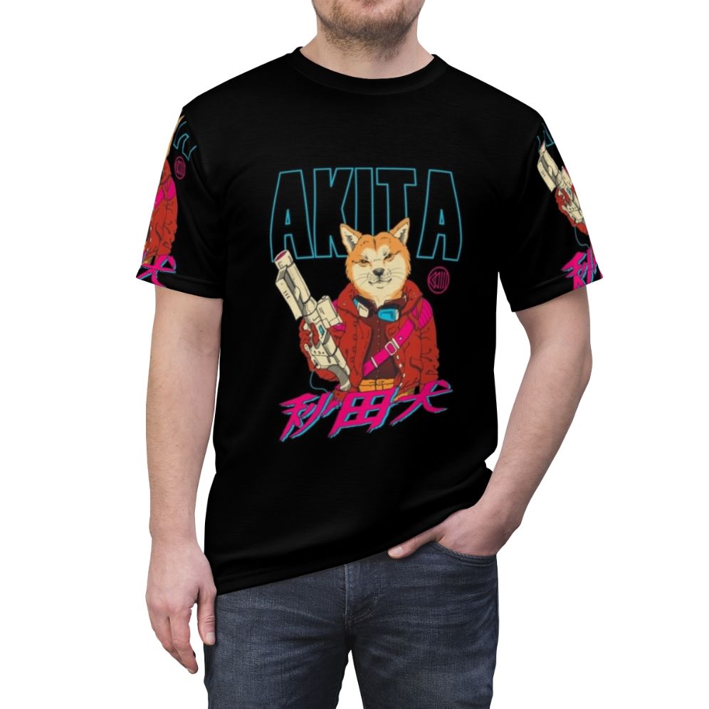 Stylish Akita dog t-shirt with a retro, vaporwave-inspired design - men front