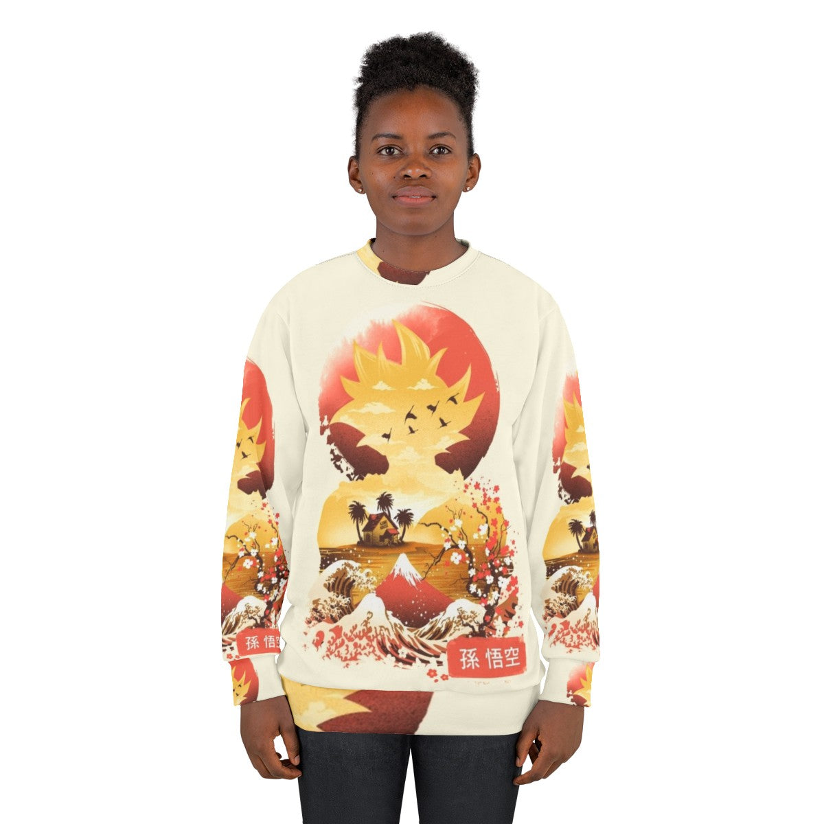 Ukiyo-E inspired Super Saiyan sweatshirt featuring anime and Japanese art - women