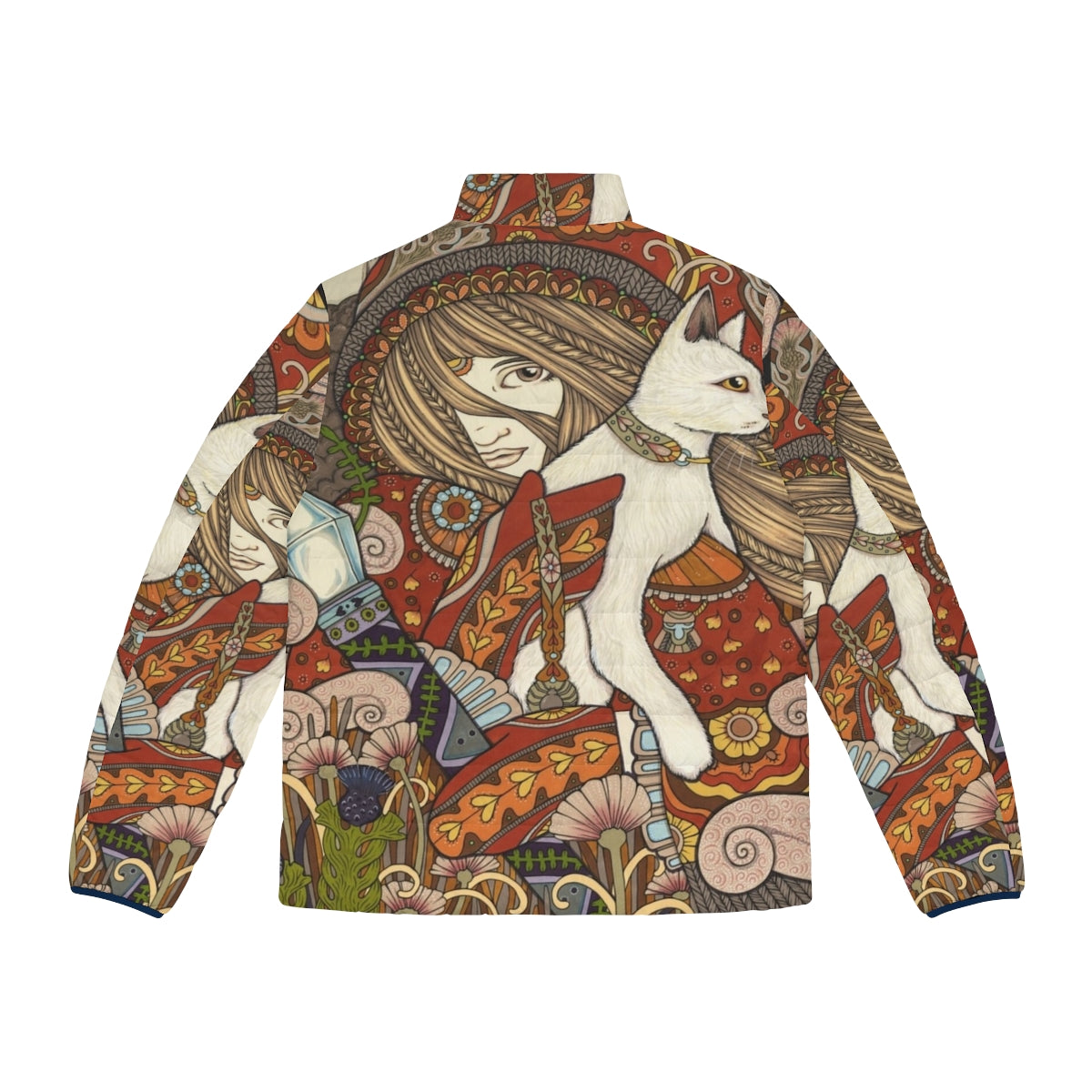 Visionary puffer jacket with tarot, owl, and cat motifs - Back