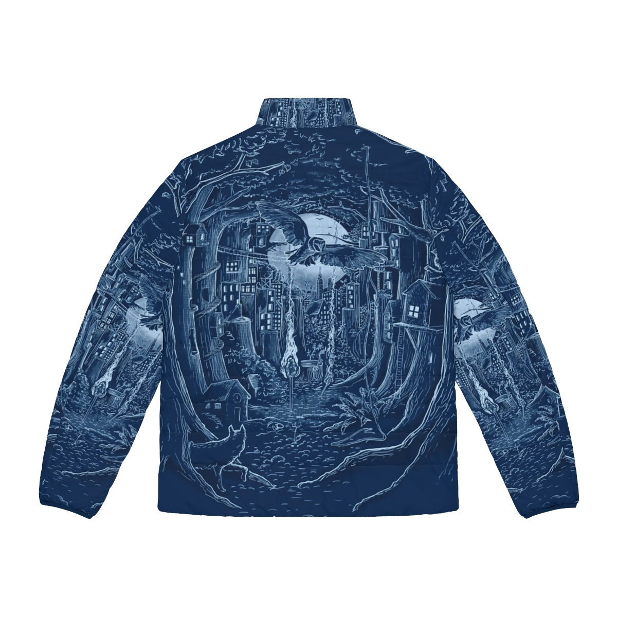 Puffer jacket with forest, moon, and animal elements - Back