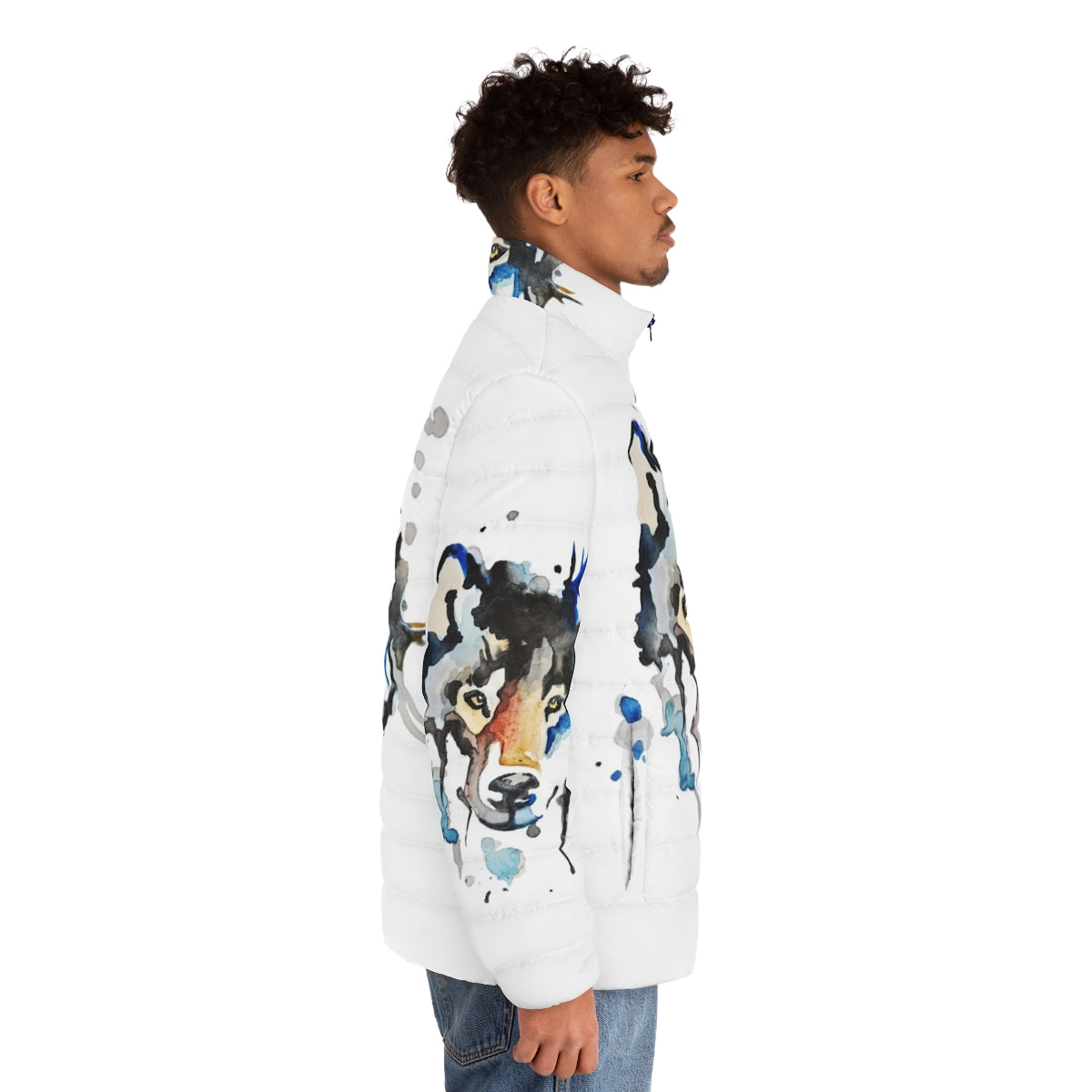 Watercolor wolf puffer jacket with abstract art design - men side right